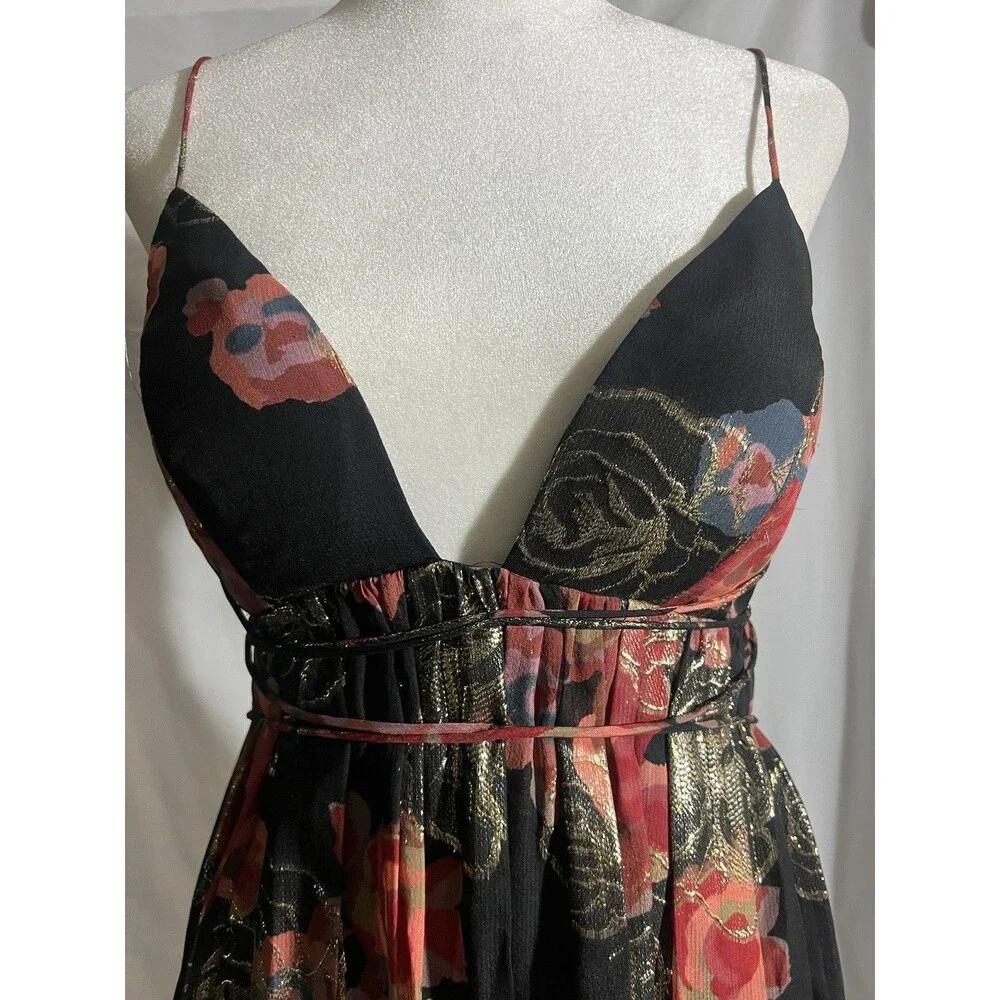 Free People Dress Woman's S Shadows Maxi Black Gold Floral Print Cocktail Zip